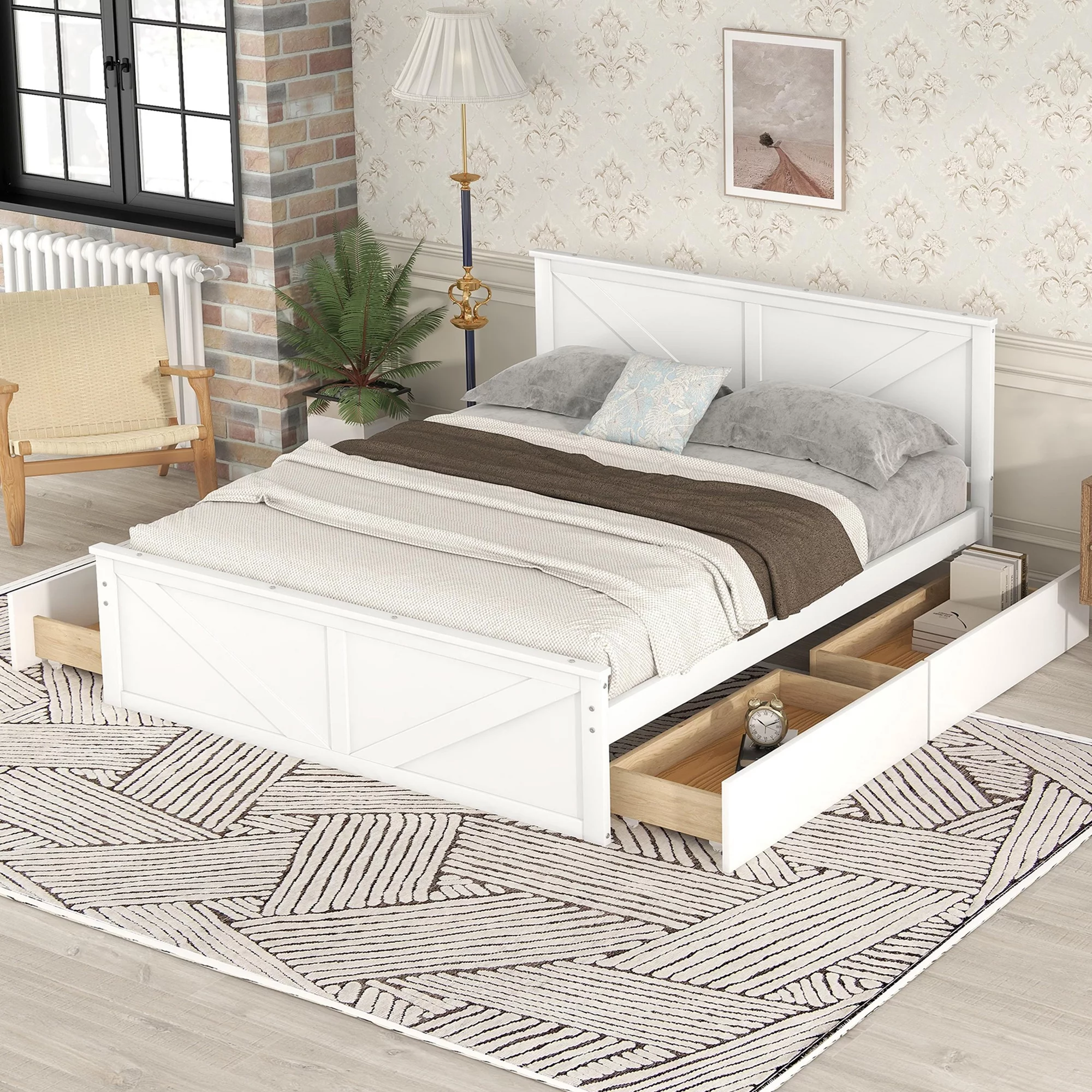 iRerts Queen Platform Bed Frame with 4 Storage Drawers, Wood Queen Bed Frame with Headboard, Slats Support and Support Legs