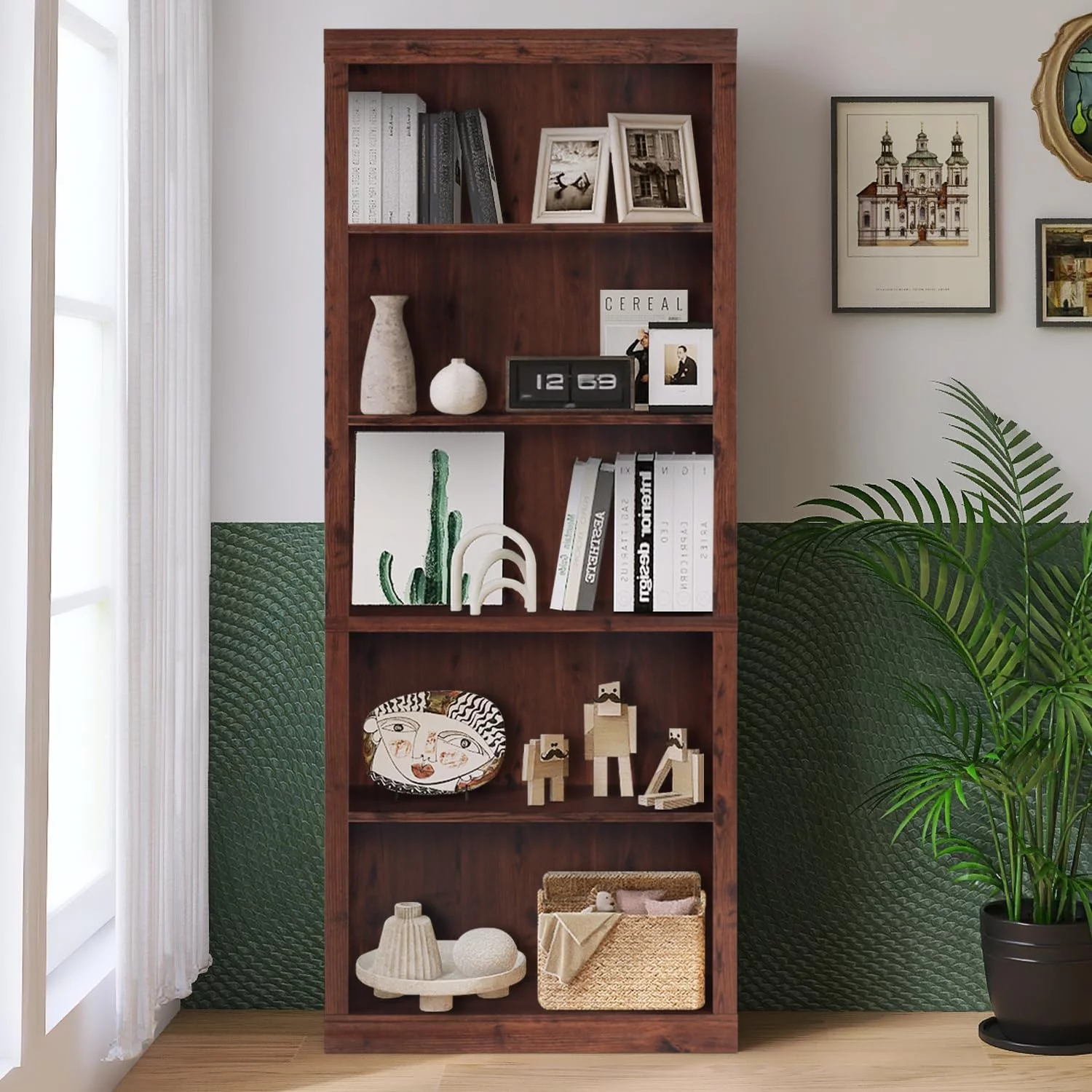 ENSTVER Wooden 5-Shelf Bookcase with Adjustable Shelves, Cherry