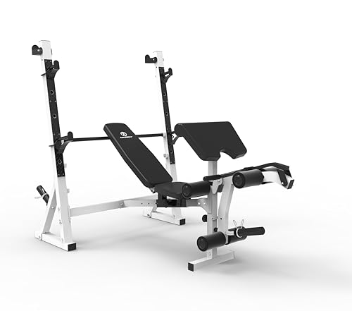 Marcy Olympic Workout Bench for Home Gym Strength Training Equipment with Preacher Curl Pad and Weight Rack Storage, White/Black