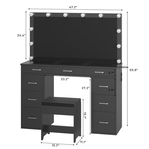 White Vanity Desk Set with Mirror and Lights, 47" Glass Top Vanity with 9 Drawers & Power Outlet