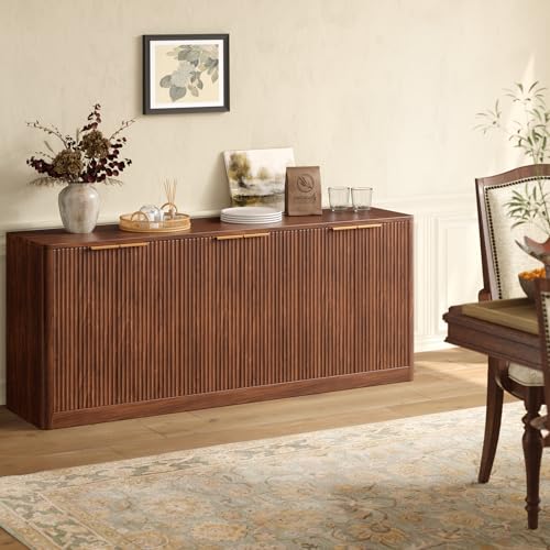 67" Fluted Oak Buffet Cabinet Sideboard with Storage, Large Credenza with 6 Doors