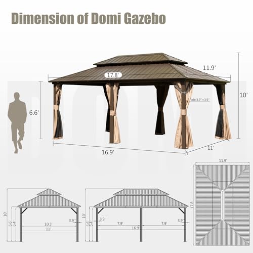 Domi 10’ x 10’ Hardtop Gazebo Metal Frame Canopy with Netting & Curtains