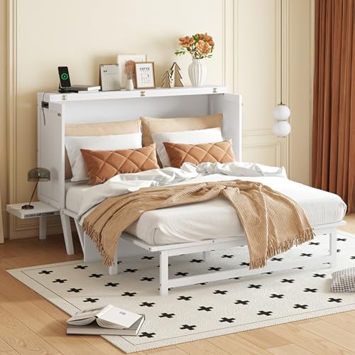 Queen Murphy Bed with Desk and Removable Shelves on Each Side, Murphy Bed Chest Murphy Bed Frame w/USB Port for Home Office, Studio or Guest Room