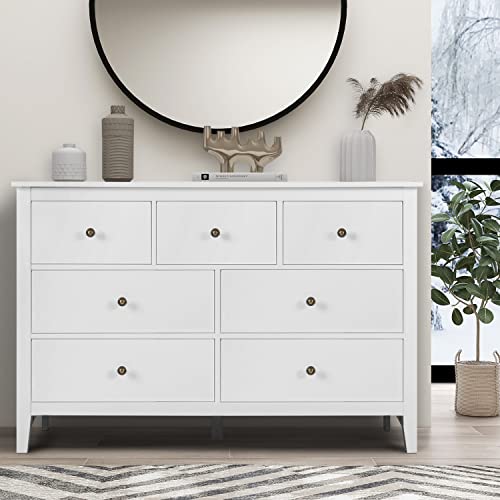 Vikiullf Dresser and Nightstands Sets - 3 Pieces Modern Bedroom Set, White Wooden 7 Drawer Dresser and 3 Drawer Nightstands