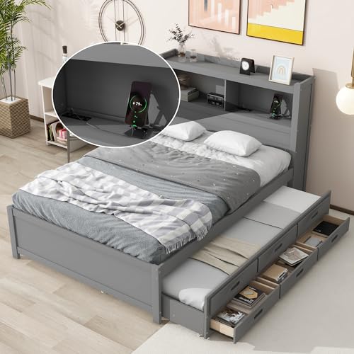Full Size Storage Bed with Bookcase Headboard and Trundle, Wood Platform Bed Frame with Charging Station
