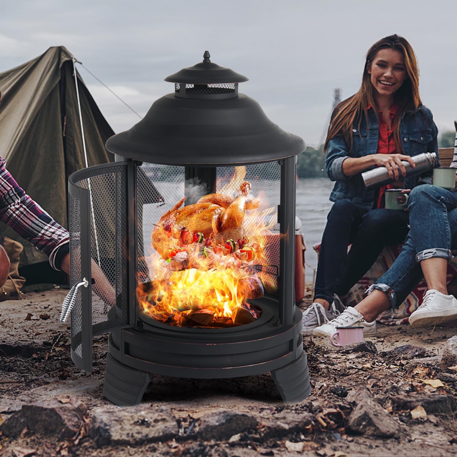 Fire Pit Chiminea, 2 in 1 Fire Pit for Outdoor, 28'' x 45'' Large Chiminea Fireplace with Mesh Spark Screen Doors