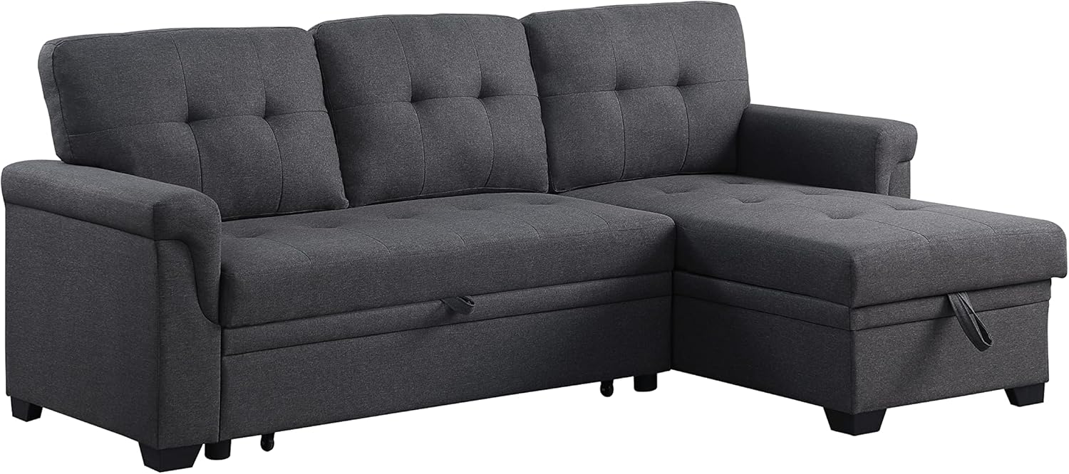 84'' L-Shape Convertible Sleeper Sectional Sofa with Storage Chaise and Pull-Out Bed, Linen Upholstered Reversible Corner 3 Person Couch