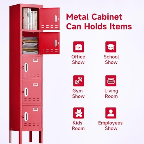 Locker Metal Storage Cabinet, Steel Office Storage Lockable Lockers for Employees Kids School Gym Home Garage Locker with Mirror & Hooks (5 Doors