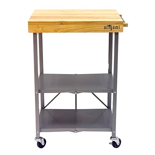 Origami Folding Kitchen Cart on Wheels, 3-Tier Foldable Rolling Cart - Chefs Outdoor Cart for Wine and Food, Microwave Cart, Plating Shelf
