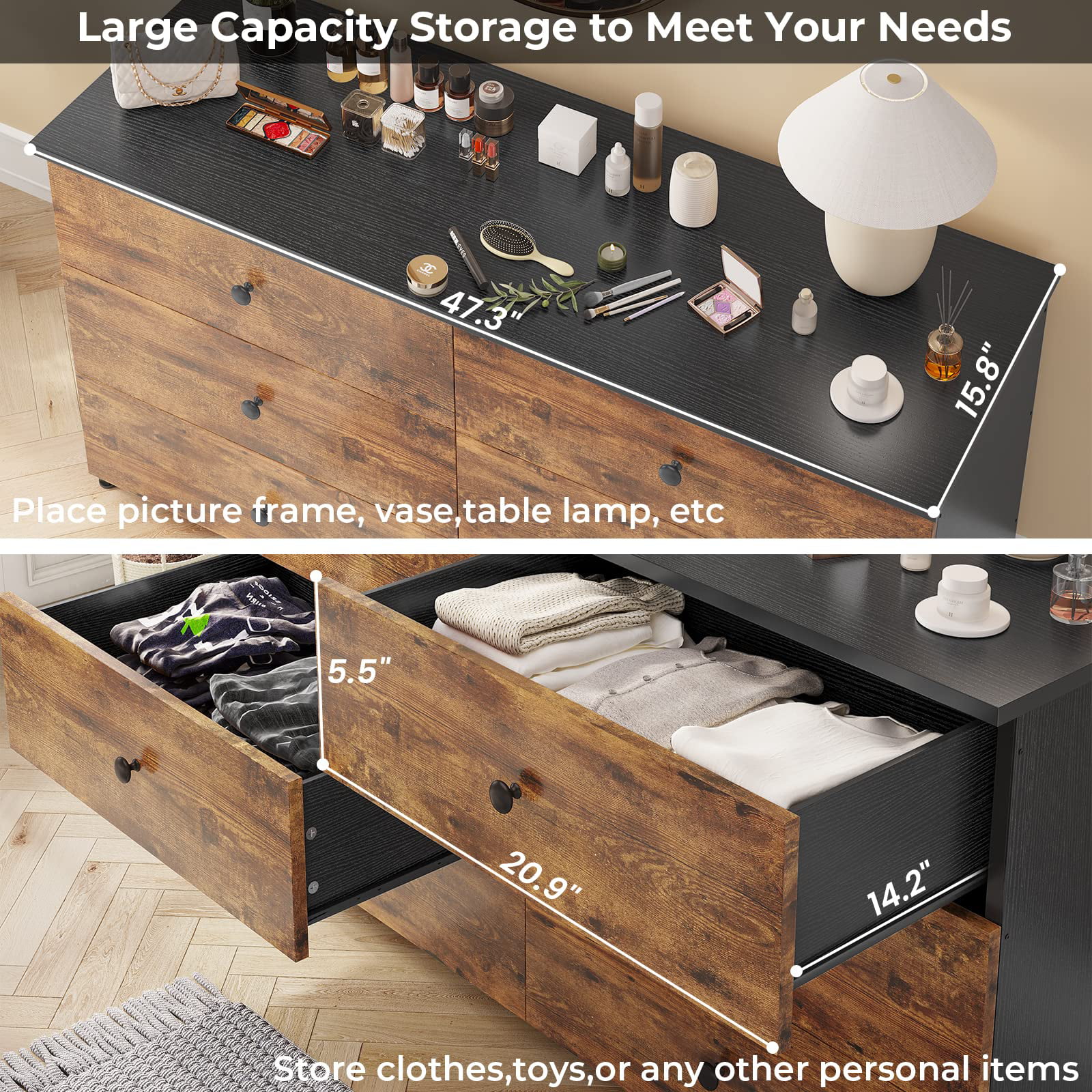 6 Drawer Double Dresser, Wooden Chest of Drawers with Heavy Sturdy Steel Frame, Large Capacity Storage Cabinet, Dresser for Bedroom, Living Room