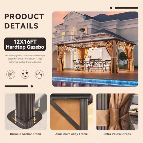 Aoxun 12'x16' Hardtop Gazebo, Aluminum Frame Permanent Pavilion with Netting and Curtains, Outdoor Polycarbonate Double Roof Canopy