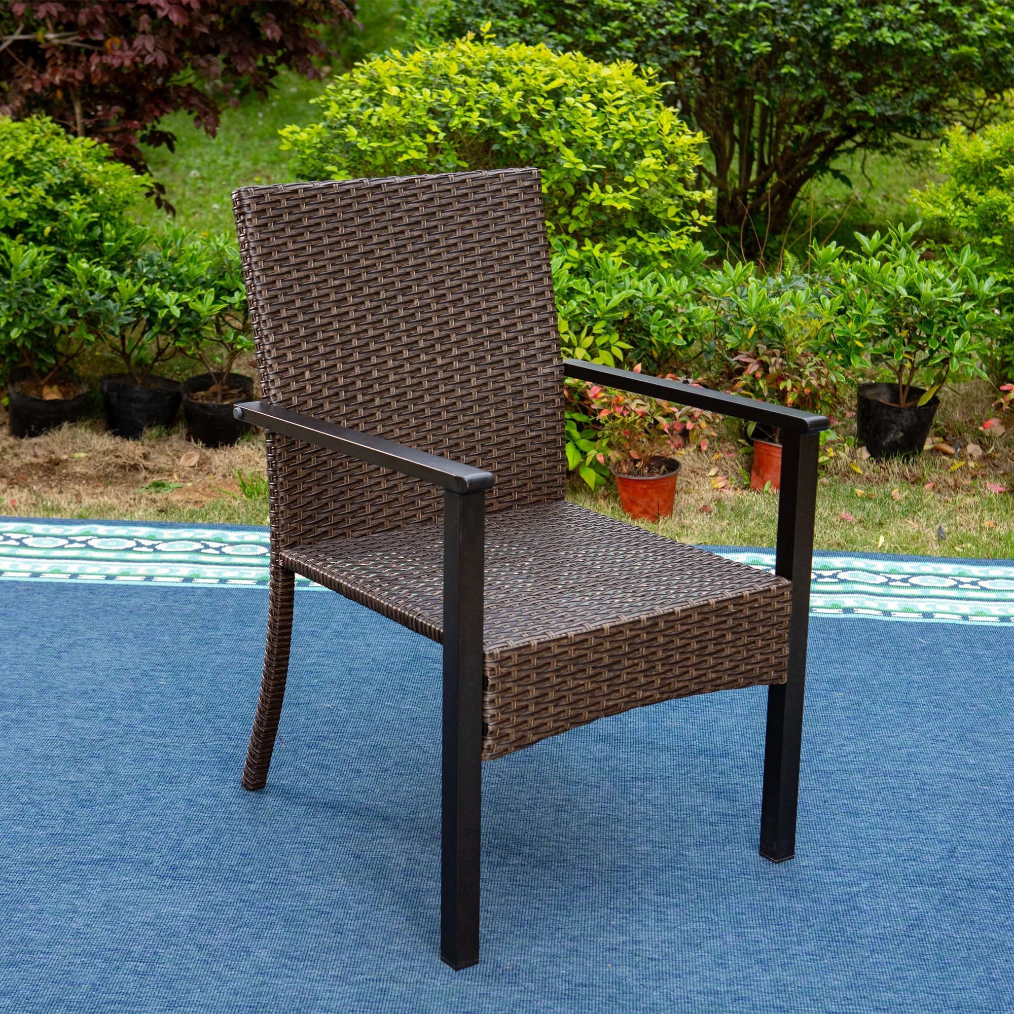 Summit Living 9-Piece Outdoor Dining Set with Wood Grain Table & Wicker Cushioned Chairs for 8-Person, Black & Beige