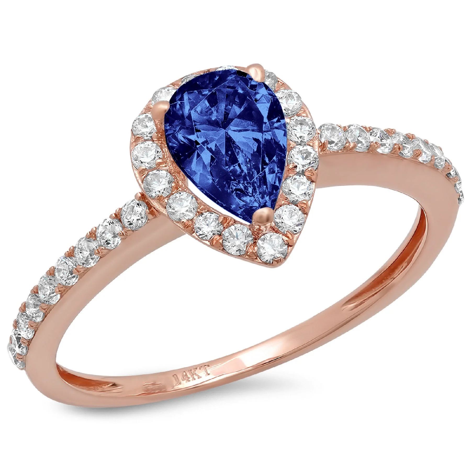 1.32ct Pear Cut Blue Simulated Tanzanite 18k Pink Rose Gold Engraving Statement Anniversary Engagement Wedding Halo Ring Size 3.5