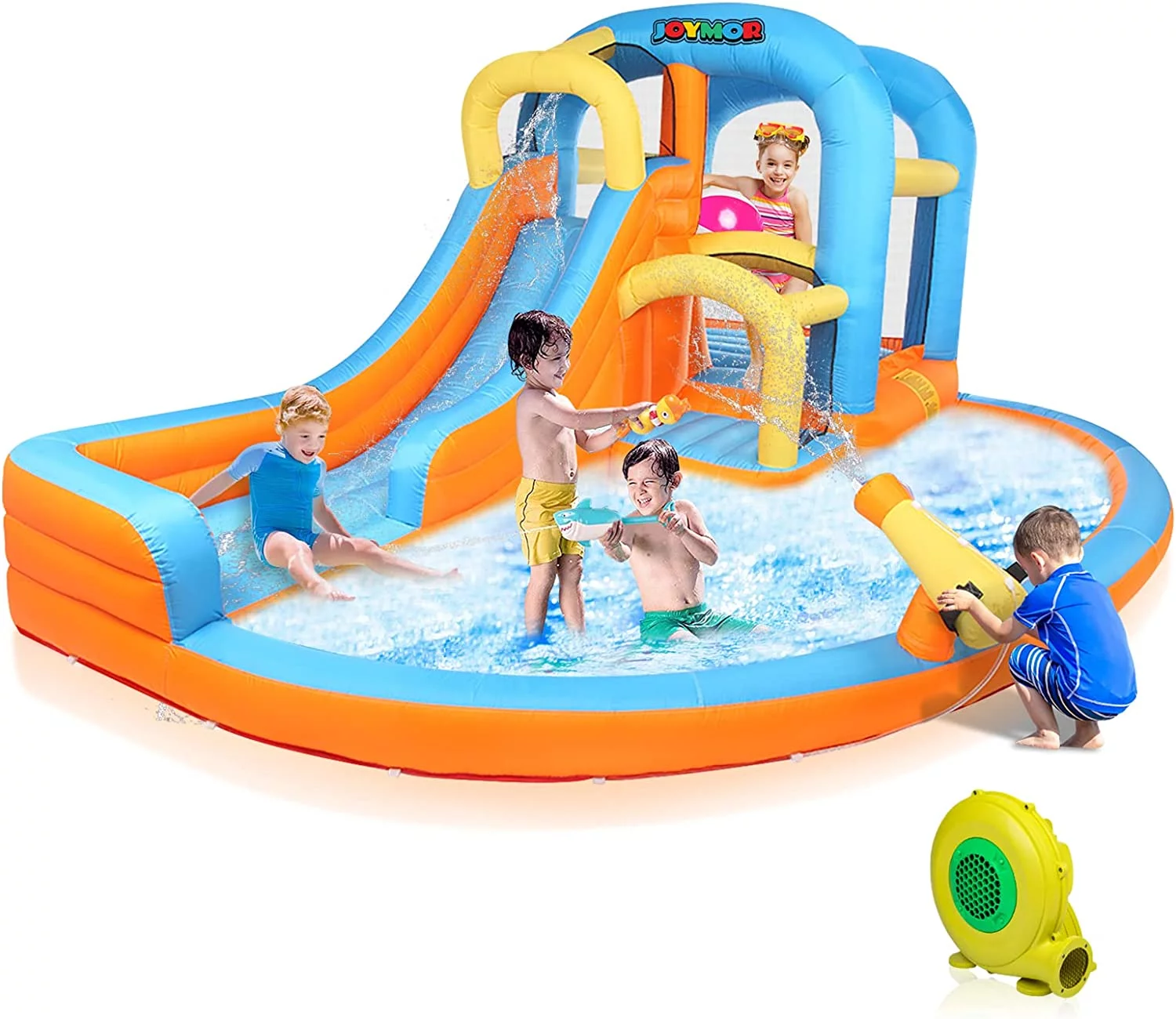 JOYMOR 5-in-1 Inflatable Water Slide Park, Water Bounce House w/Air Blower, Climbing Wall, Double Jump Area , Splash Pool, Water Cannon