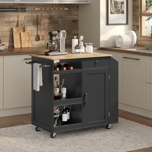 Kitchen Island with Power Outlet, Kitchen Storage Island with Drawer, Rolling Kitchen Cart on Wheels, Spice Rack, Towel Rack, Wine Rack