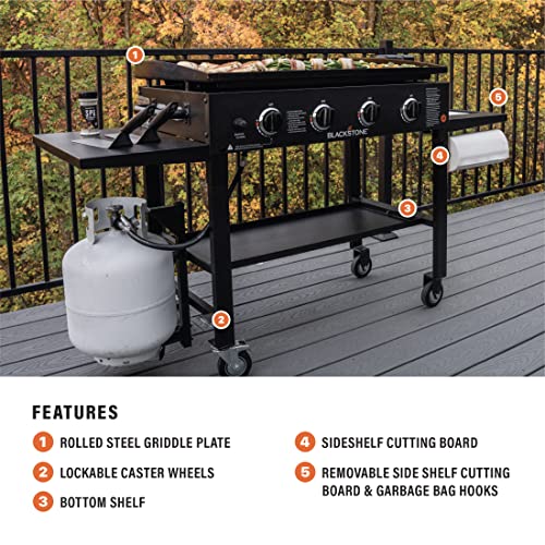 Blackstone 36" Cooking Station 4 Burner Propane Fuelled Restaurant Grade Professional 36 Inch Outdoor Flat Top Gas Griddle with Built in Cutting