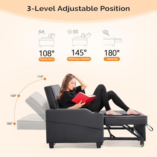 VINGLI Light Green Futon Sofa Bed Convertible Loveseat Sleeper Couch, Faux Leather Pullout Sofa Fold Out Couch Bed with USB Ports, Cup Holders