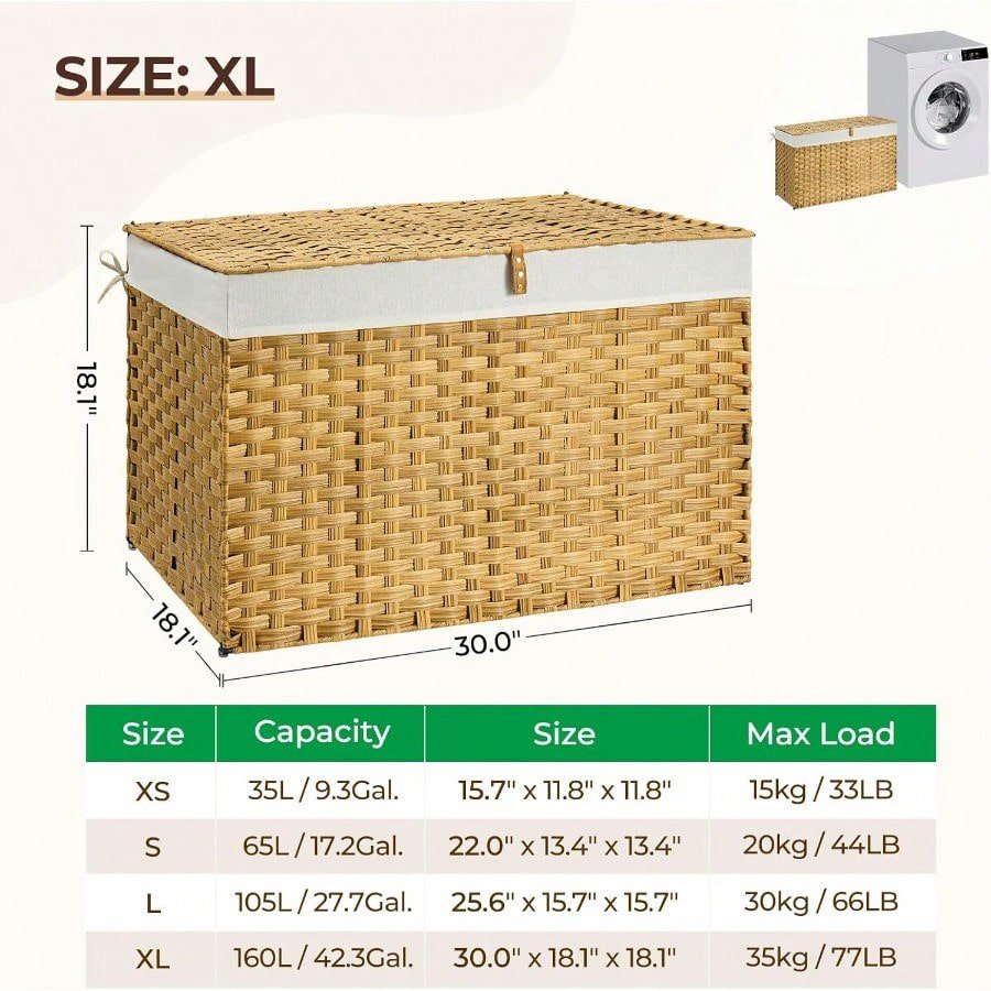 GREENSTELL Storage Basket with Lid 42.3 Gallon 160L Lagre Wicker Blanket Storage Basket with Handles Foldable 2 Removable Liner Bags Metal Frame for
