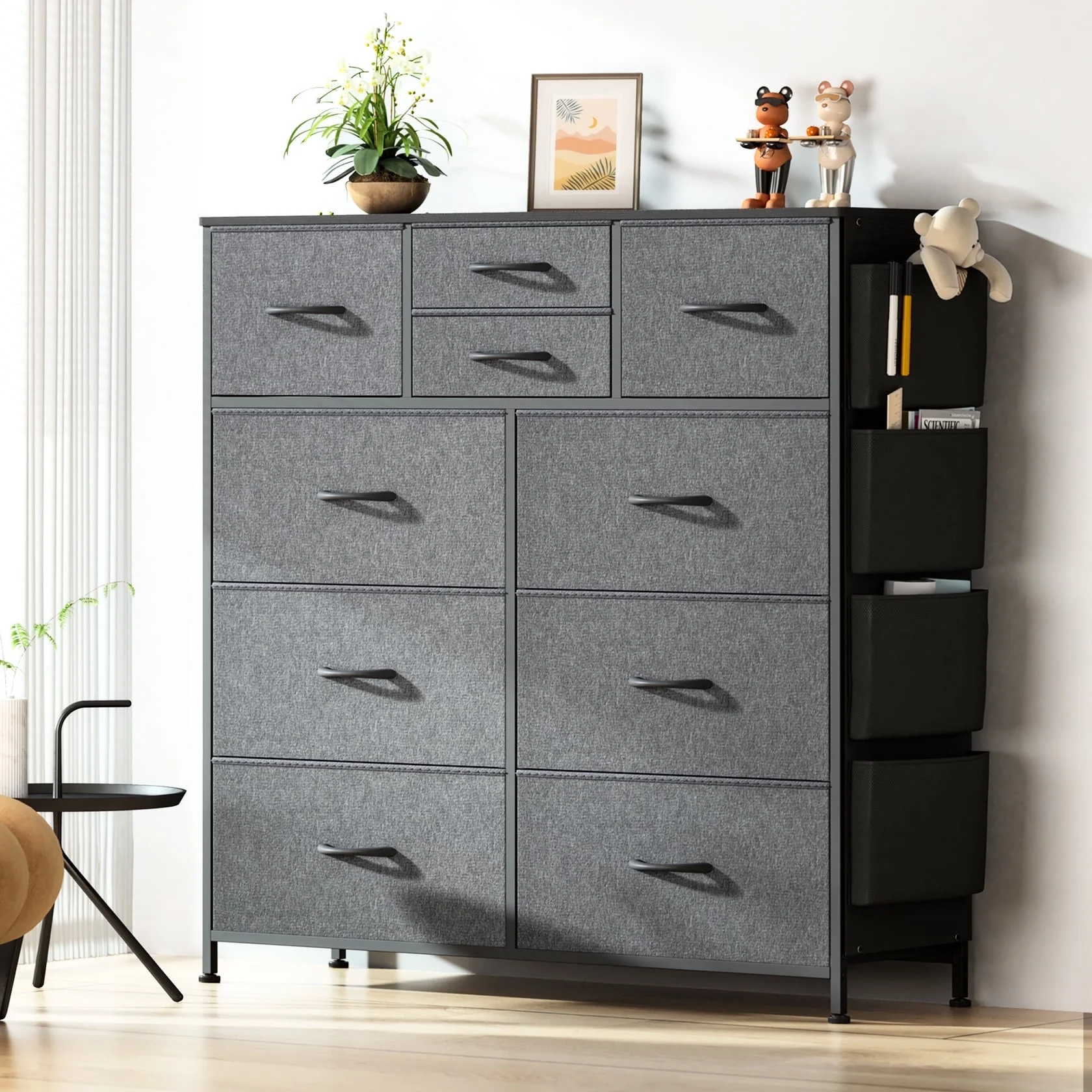 GIKPAL 10 Drawer Dresser, Chest of Drawers for Bedroom Fabric Dressers with Side Pockets and Hooks, Brown