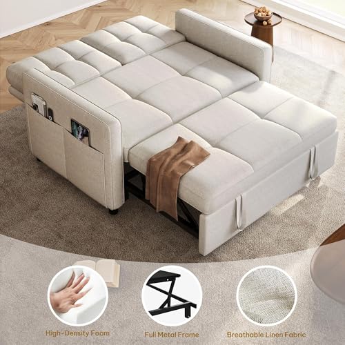 YITAHOME 55" Convertible Sofa Bed, 3-in-1 Sleeper Sofa with Iron Frame Pull-Out Bed, Linen Futon Couch with Reclining Backrest and Side Pocket