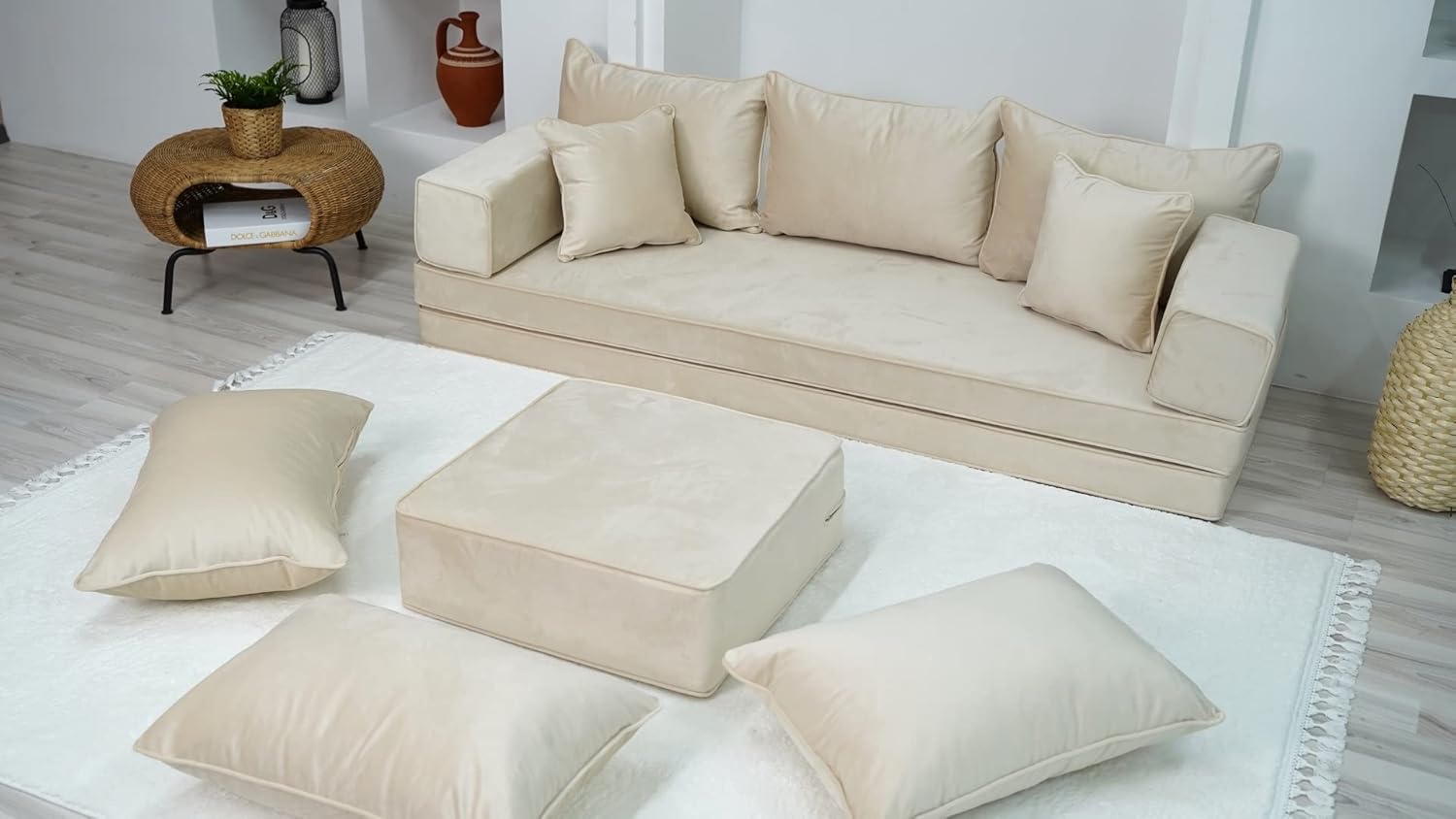 Velvet Floor Sofa, Meditation Sofa, 4" Thick Velvet Beige Floor Seating, Loveseat, Custom Cushion, Customizable Cushion, Floor Couch (Sofa Full Set