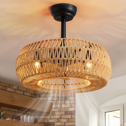 20" Farmhouse Caged Ceiling Fan with Lights Remote Control, Cage Low Profile Bladeless Ceiling Fan, Boho Ceiling Fans with Light for Kitchen, Bedroom