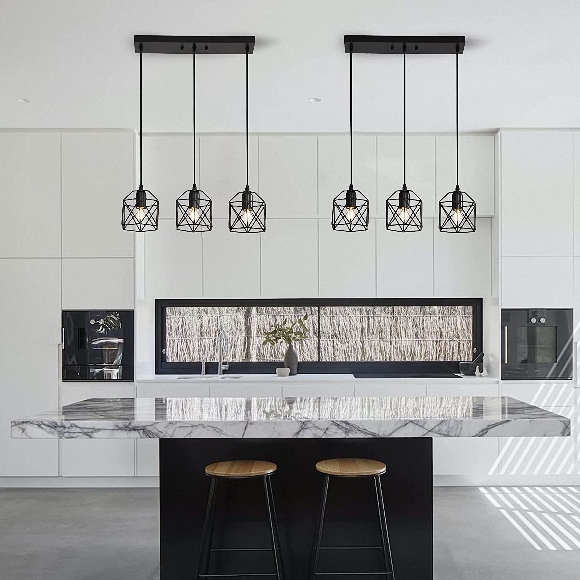 LOHAS 3 Lights Pendant Lighting,Black Finish Cage Vintage Hanging Pendant,for Dinning Room Kitchen Bar Cafe