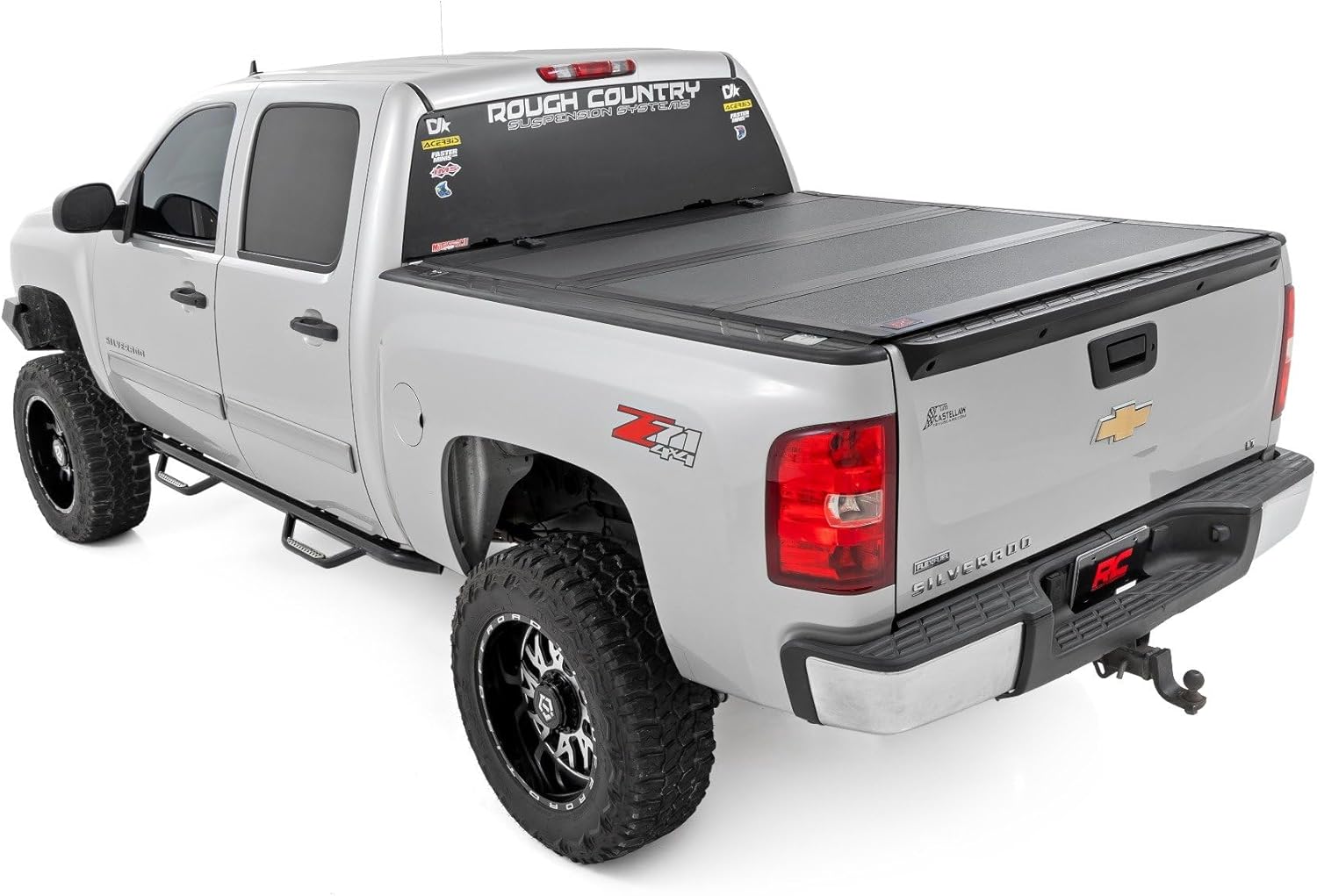 Rough Country Hard Tri-Fold Flip Up Truck Bed Tonneau Cover for Chevy Silverado 1500/GMC Sierra 1500 (2007-2013) - Fits 5'9 (69.3") Bed w/Rail Caps