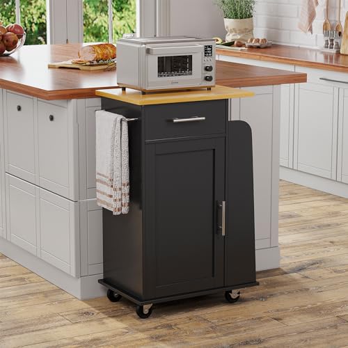 Shintenchi Rolling Kitchen Island Cart with Folding Drop Leaf Breakfast Bar, Portable Trolley Island with Large Storage Cabinet, Shelf and Drawer