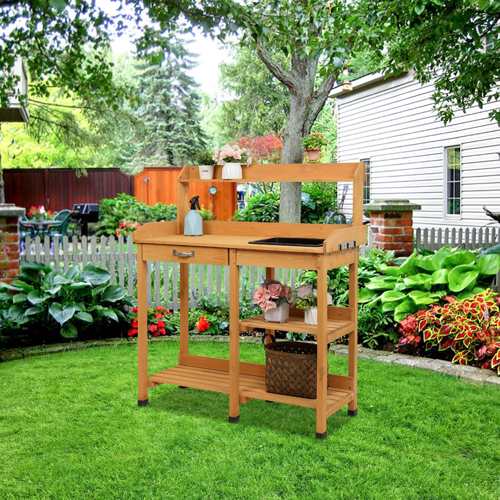 Wooden Potting Bench, Work Station Table, Outdoor Garden Potting Table with Sink, Hooks and Storage Shelf for Garden Supplies, Natural