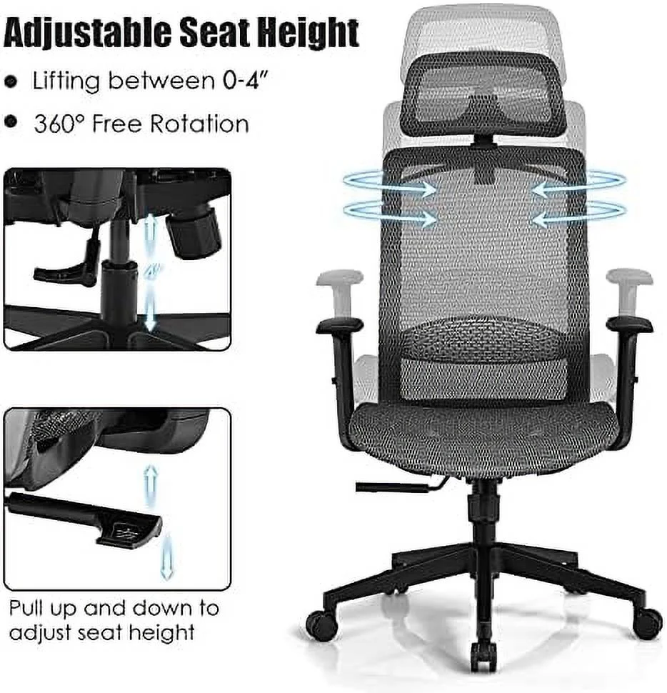 TJUNBOLIFE Ergonomic Mesh Office Chair  Swivel Executive Chair with Reclining High Backrest  Rotatable Headrest  Clothes Hanger and Lumbar Support
