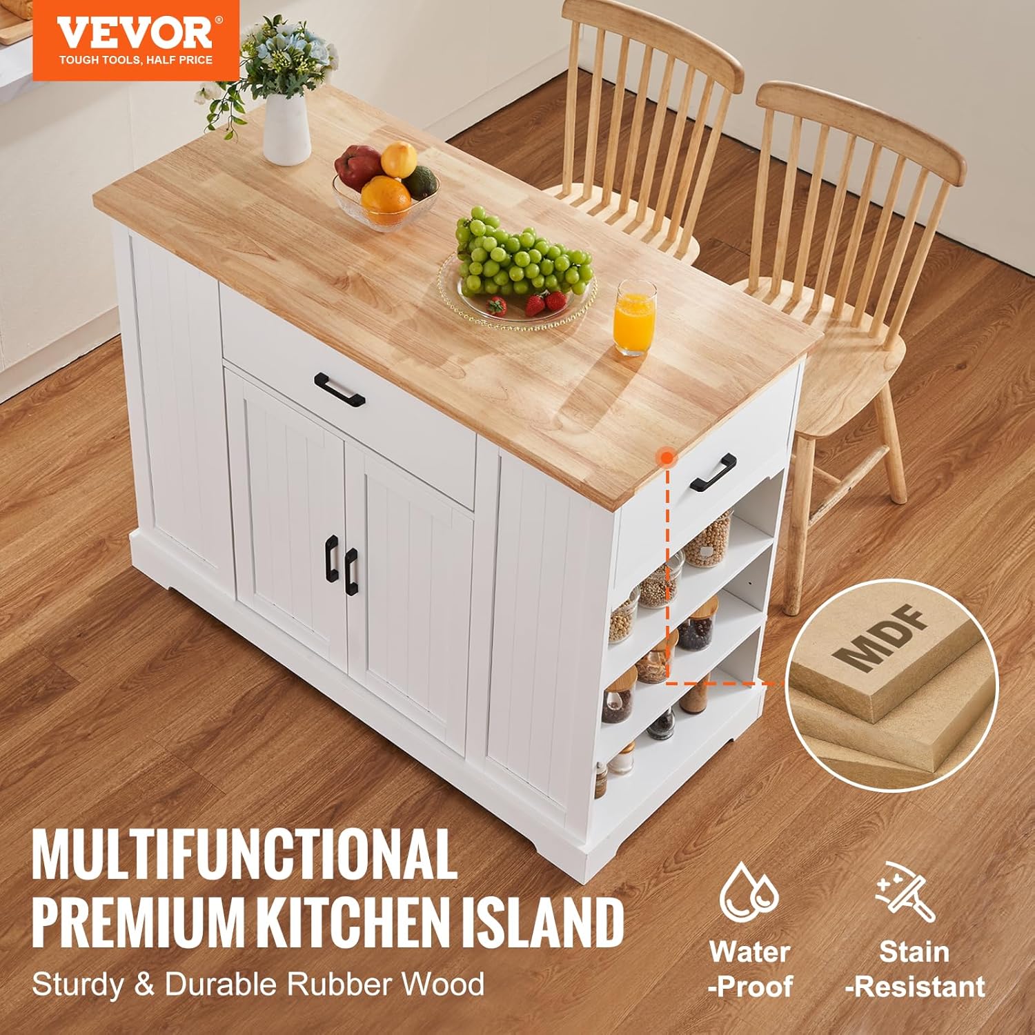 VEVOR Kitchen Island Cart, 46" Wood Top Breakfast Bar with Storage Cabinet, Farmhouse Kitchen Table with Adjustable Shelf, Drawer