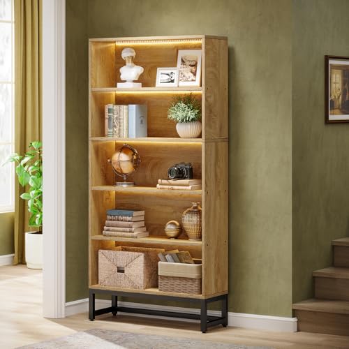 Tribesigns Tall Bookcase Black Bookshelf, 70.8” Large Bookcases Organizer with LED Lights