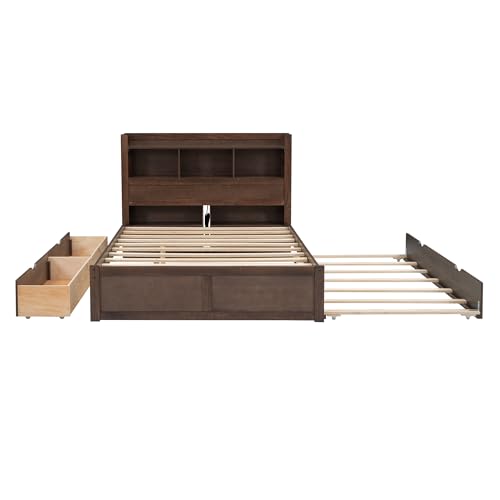 Full Size Storage Bed with Bookcase Headboard and Trundle, Wood Platform Bed Frame with Charging Station