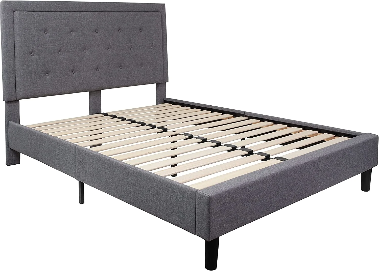 Queen Size Panel Tufted Platform Bed In Light Gray Fabric
