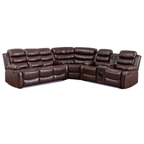 Manual Reclining Sectional Couch with LED Light Multi-Functional Sofa with Recliner Seat,Stereo, Storage,Cup Holders,USB,PU Leather L-Shaped Sofa