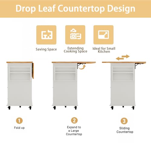 67’’ Movable Kitchen Island with Drop Leaf and Power Outlet, Lockable Sliding Countertop Rolling Island Cart with 2 Large Drawers, Spice, Towel Rack