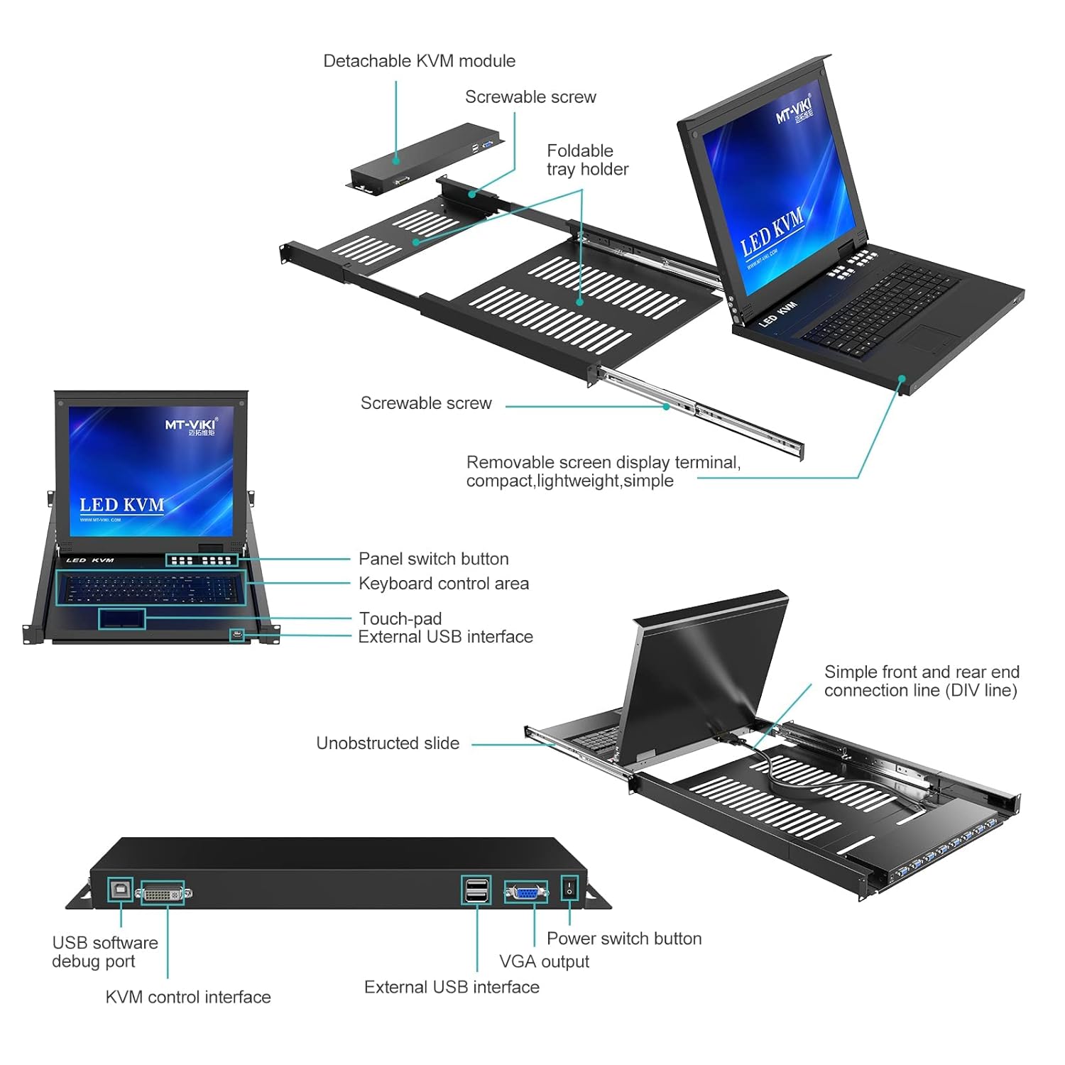 Rack Mount KVM，MT-VIKI 8 Port LCD KVM Console with Cables, VGA KVM Console Monitor 1280x1024 Support OSD/Hotkey/Panel Button Switching