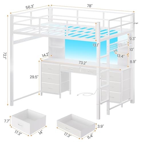 ADORNEVE Full Size Loft Bed with Desk and 8 Storage Drawers, Metal Loft Beds Full with LED Lights & Charging Sation