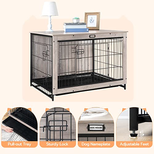 HOOBRO Dog Crate Furniture, 38.6" Large Dog Kennel Indoor, Wooden Cage with Pull-Out Tray