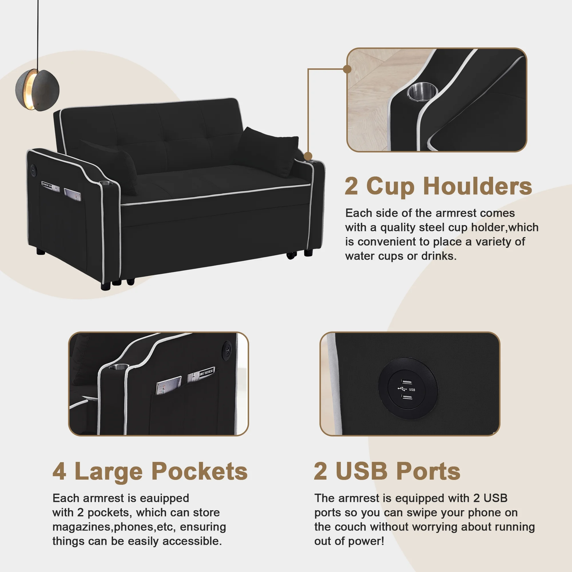Momspeace Pull Out Loveseat Sleeper Sofa Bed with Cup Holders, Usb Ports and Side Pockets, Black - Radiant Selections