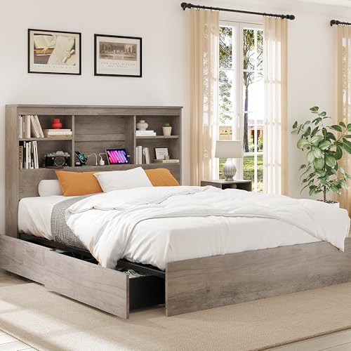 GarveeHome Full Size Bed Frame with High Storage Bookcase Headboard, Wood Bed Frame with 4 Storage Drawers, Built in Charging Station