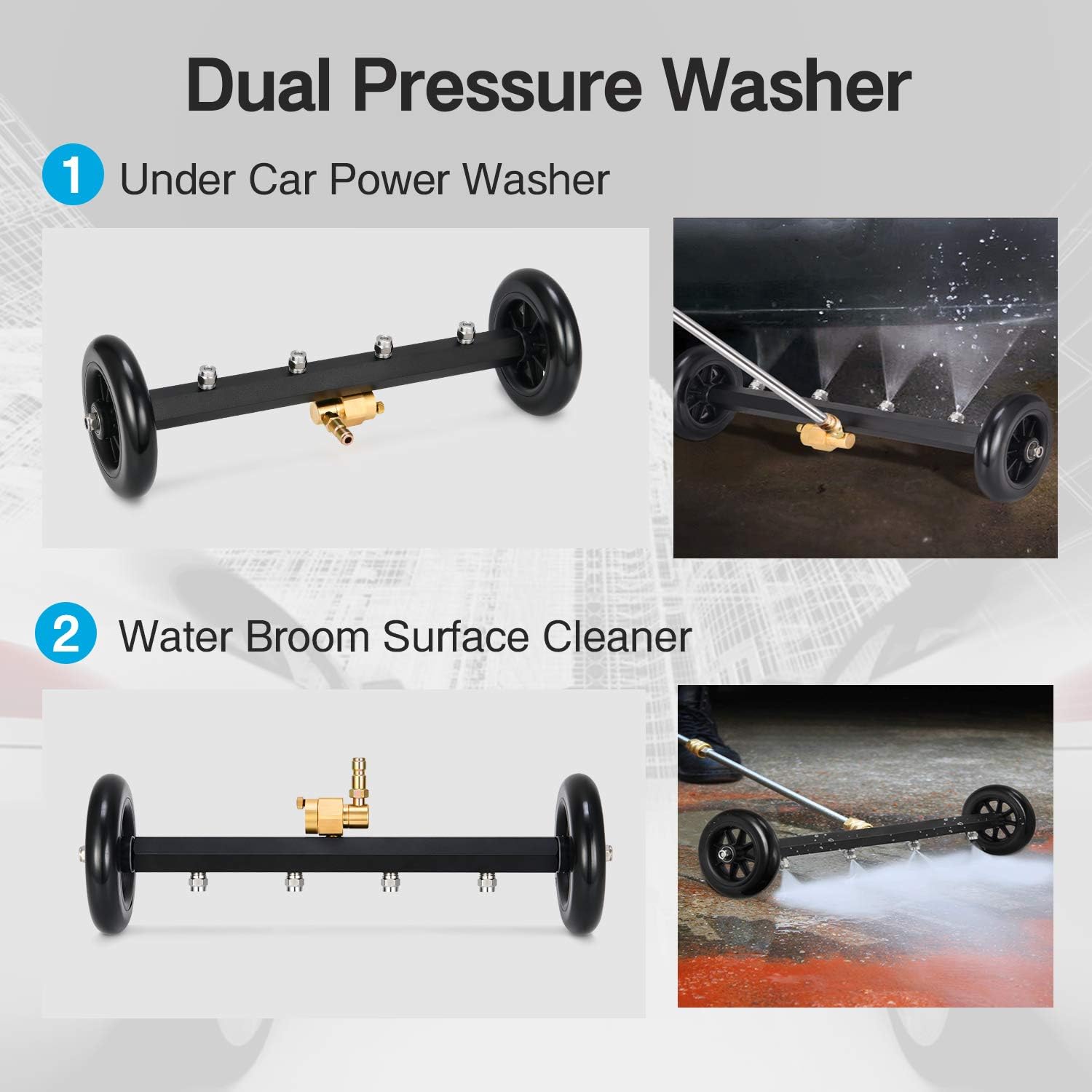 Kohree Undercarriage Pressure Washer Cleaner Attachment, 2 in 1 Underbody Car Washer Water Broom 16"
