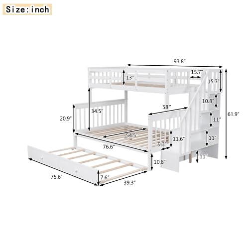 Harper & Bright Designs Twin Over Full Bunk Bed, Wood Twin Over Full Bunk Bed Frame with Trundle and Storage Shelves