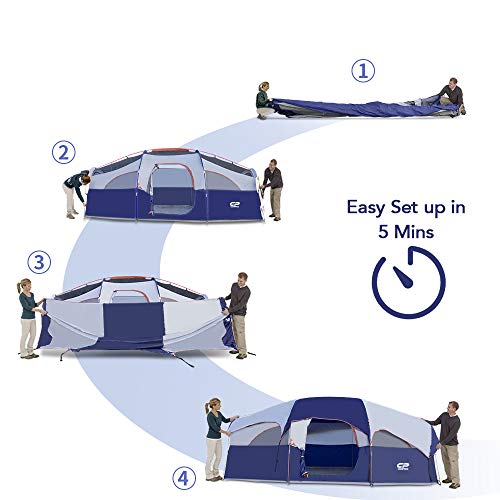 CAMPROS CP Tent 8 Person Camping Tents, Weather Resistant Family Tent, 5 Large Mesh Windows, Double Layer, Divided Curtain for Separated Room
