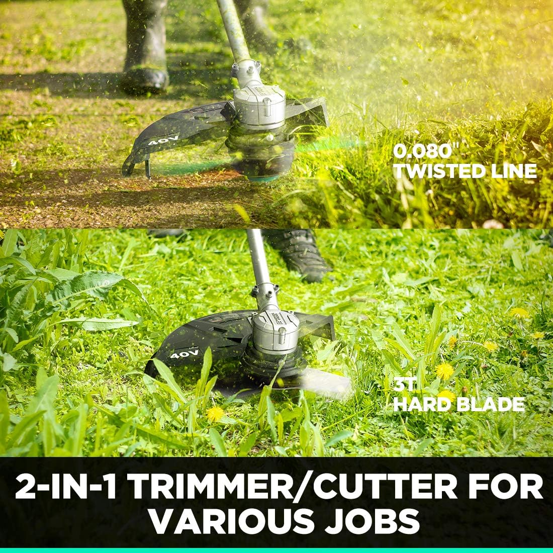 Litheli 40V Cordless String Trimmer Brushless Motor 14, Battery Powered 2 IN 1 Grass Trimmer and Brush Cutter, 2.0Ah Battery & Charger