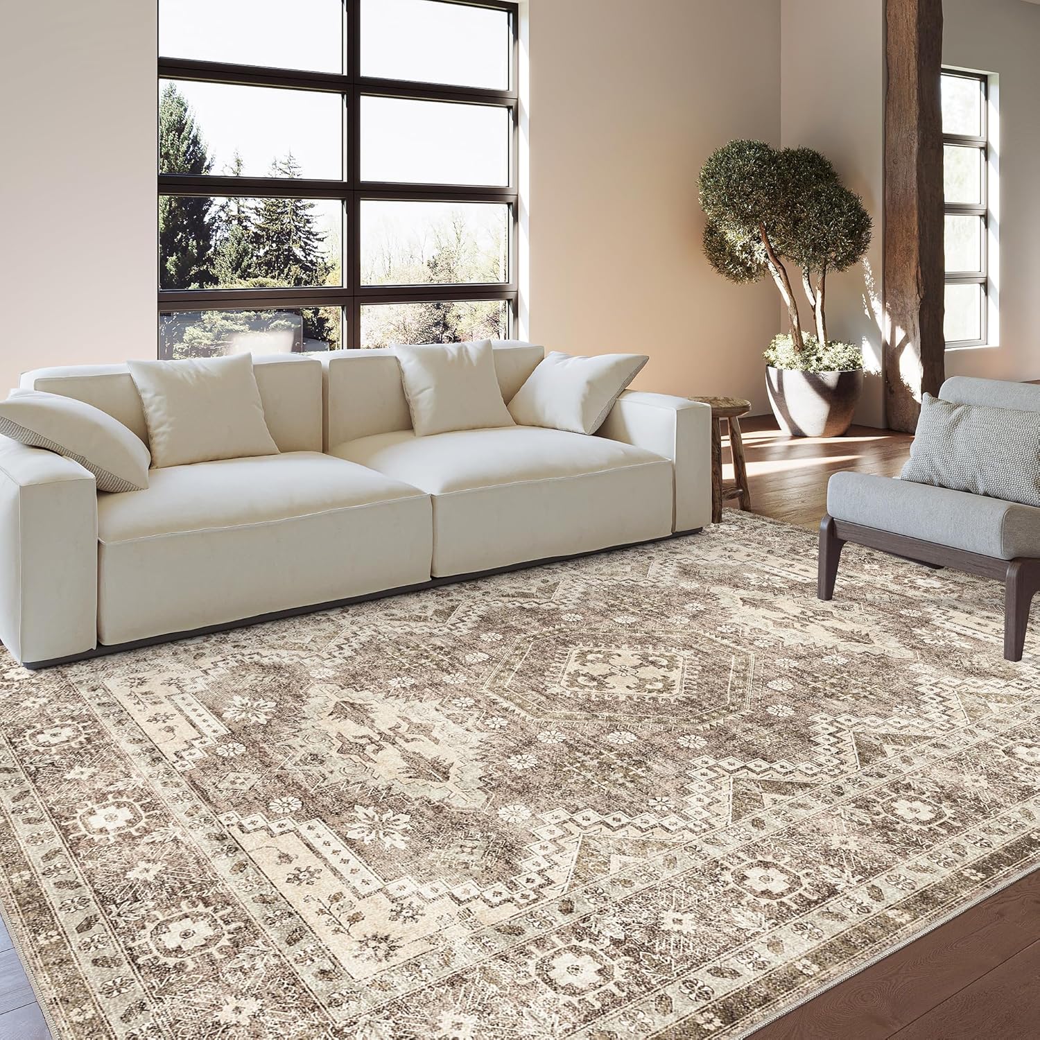 Rugland 9x12 Area Rug - Stain Resistant Washable Rug, Anti Slip Backing Rugs for Living Room, Vintage Tribal Area Rugs (TPR07-Ivory, 9'x12')