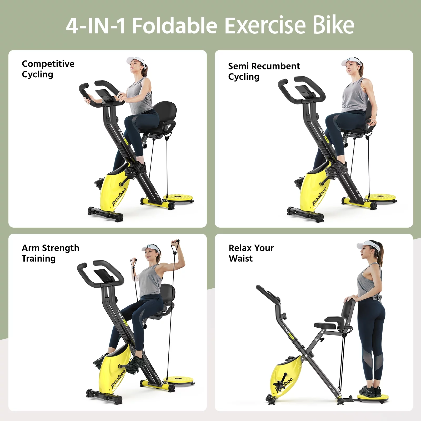 Pooboo 4in1 Folding Exercise Bike Indoor Cycling Bike Stationary Magnetic x Bike Gym Workout 300lb