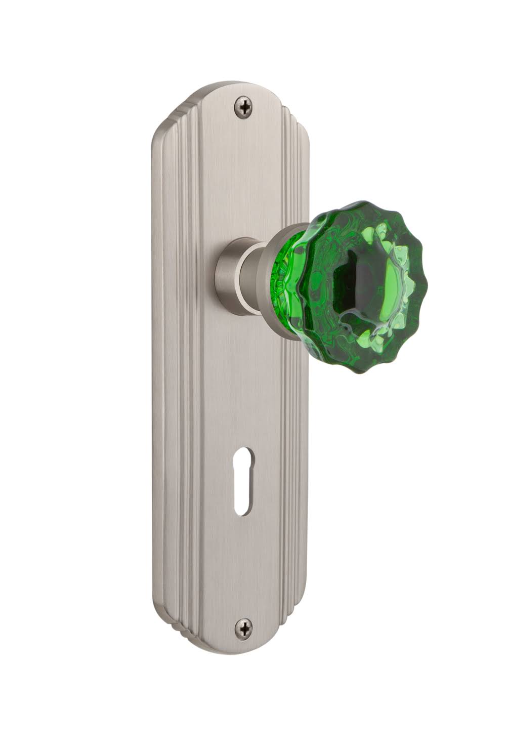 Nostalgic Warehouse Deco Plate Interior Mortise Door Knob, Emerald Crystal / Satin Nickel