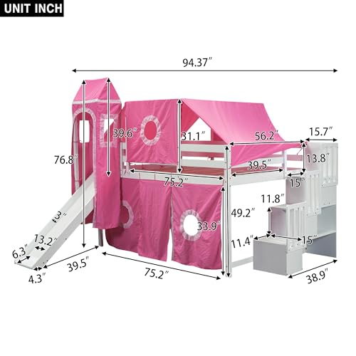 House Full Loft Bed with Slide,Storage Stairs and Tent, Wood Kids Loft Bunk Bed with Tower and Ladders, Playhouse Full Bed Frame for Kids, Teens